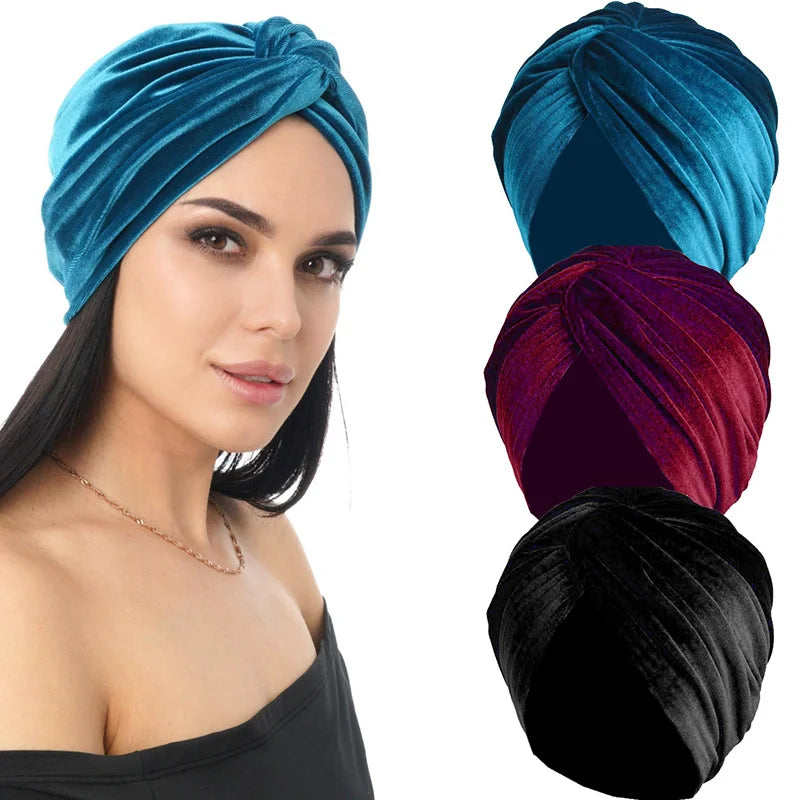 Women Velvet Turban Hat Headband Muslim Hijab Caps Female Soft Bandana Headband Hijabs Head Wrap Hair Accessories Supplies - Korvel