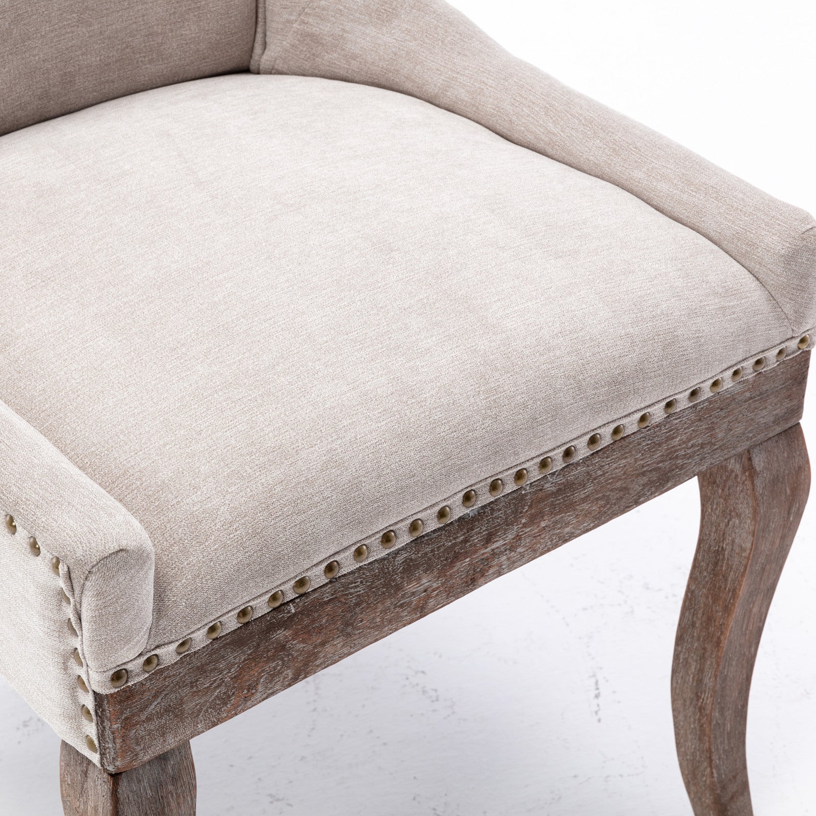 Ultra Side Dining Chair Thickened fabric chairs with neutrally toned solid wood legs  Bronze nail head Set of 2 Beige - Korvel