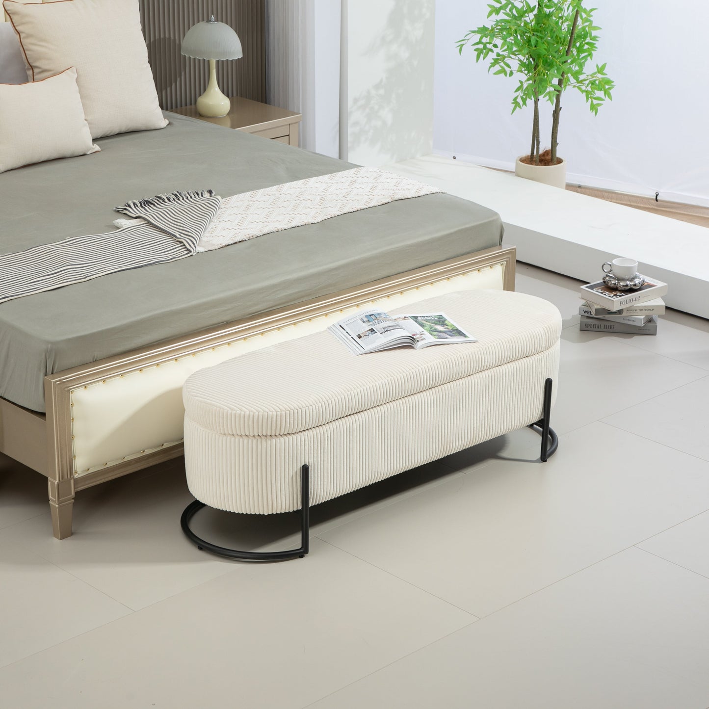 COOLMOR storage Ottoman chair with safety hinge and soft cushion fabric storage Ottoman stool (beige) - Korvel