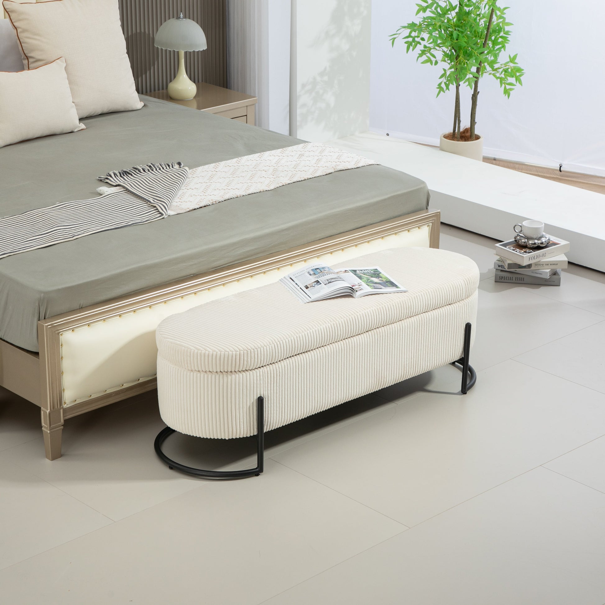 COOLMOR storage Ottoman chair with safety hinge and soft cushion fabric storage Ottoman stool (beige) - Korvel