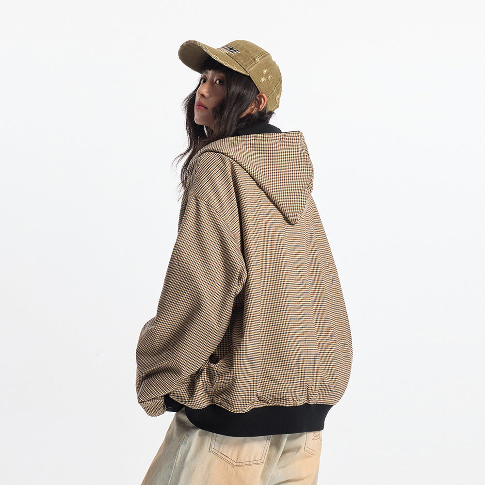 Double-sided Wear Hooded Cardigan Unisex Spring and Autumn Casual Loose Fit Plaid Short Jacket Two-Way Wearing - Korvel
