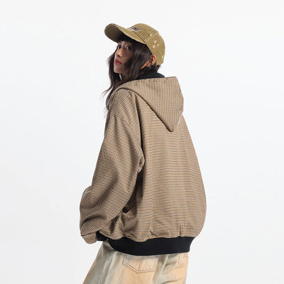 Double-sided Wear Hooded Cardigan Unisex Spring and Autumn Casual Loose Fit Plaid Short Jacket Two-Way Wearing - Korvel