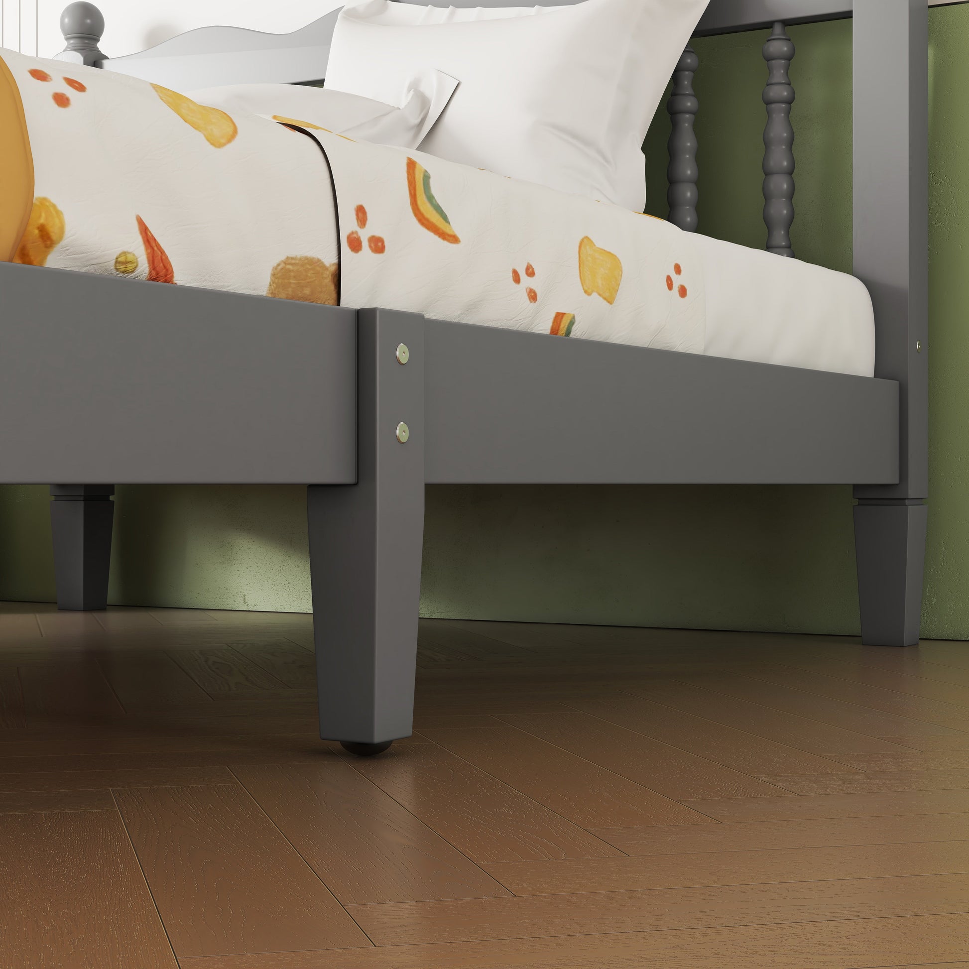 Twin Bed with Column-Decoration Headboard, with Bed Slats,Grey - Korvel