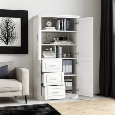 Tall and Wide Storage Cabinet with Doors for Bathroom/Office, Three Drawers, White - Korvel