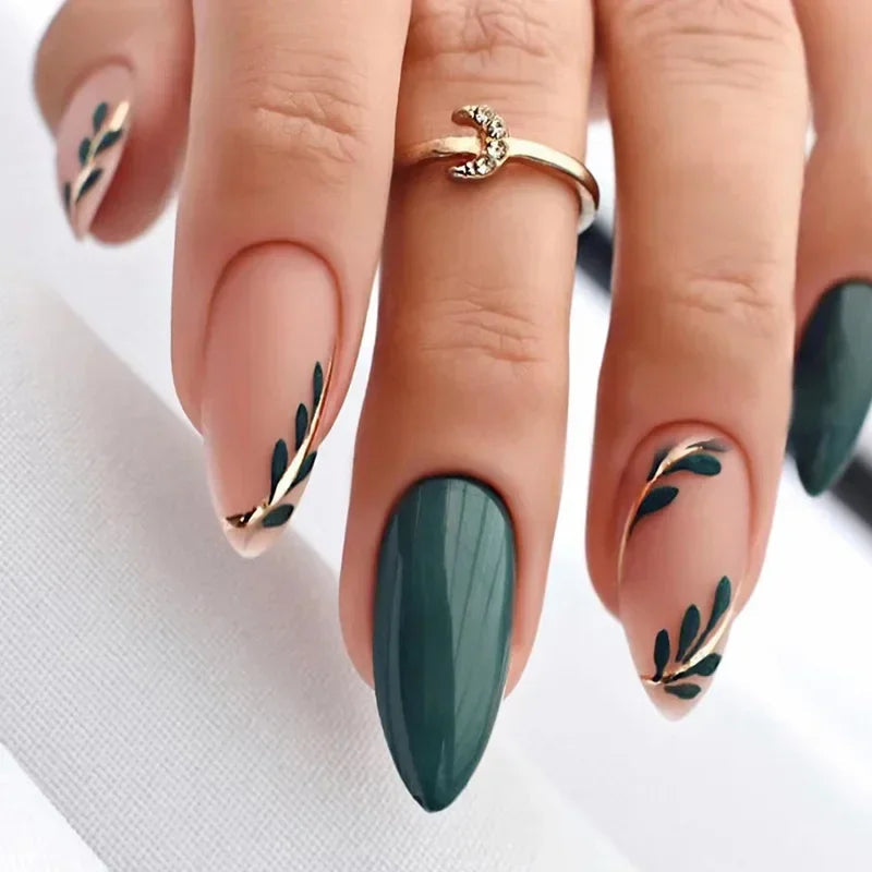 Almond Fake Nails with Green Leaves Design Elliptic Acrylic False Nails Wearable French Press on Nail Manicure Tips - Korvel