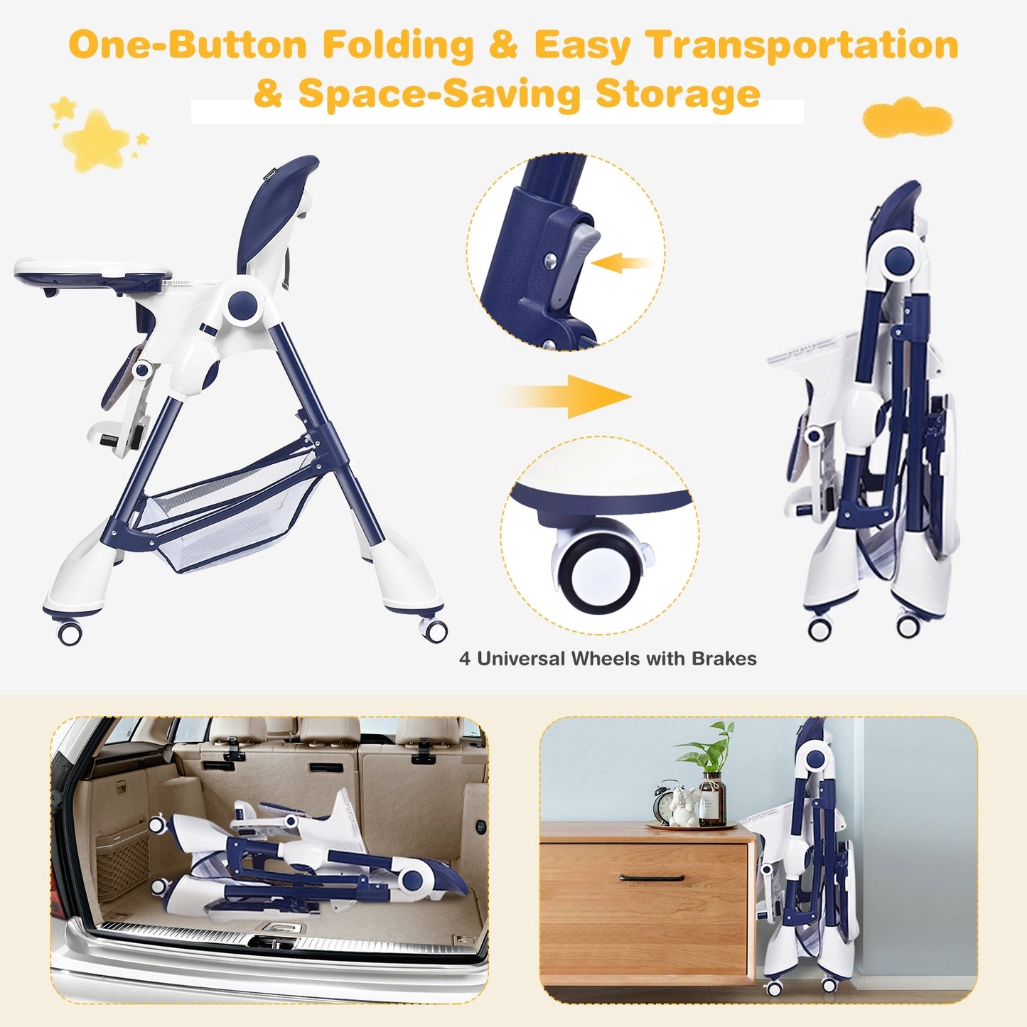 Gbruno A-Shaped High Chair with Lockable Wheels - Navy