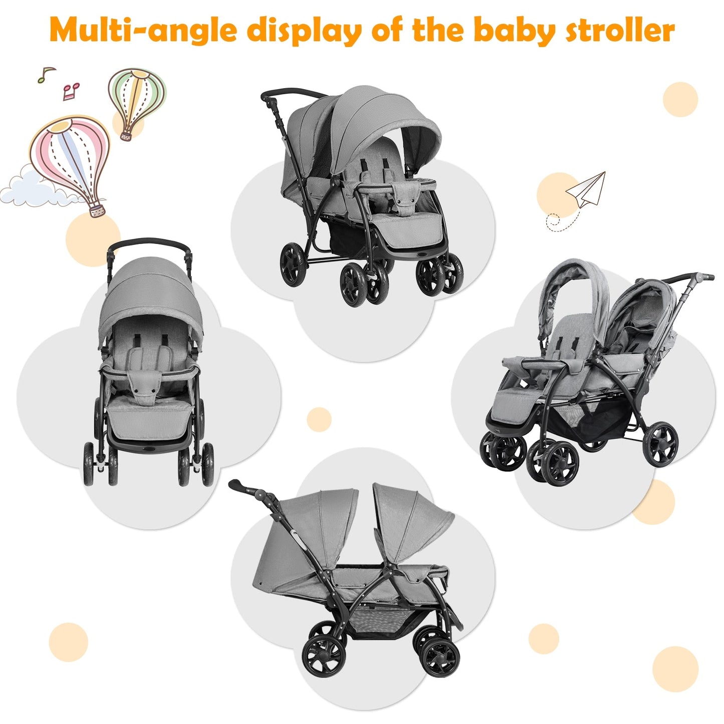 Foldable Lightweight Double Baby Stroller - Gray