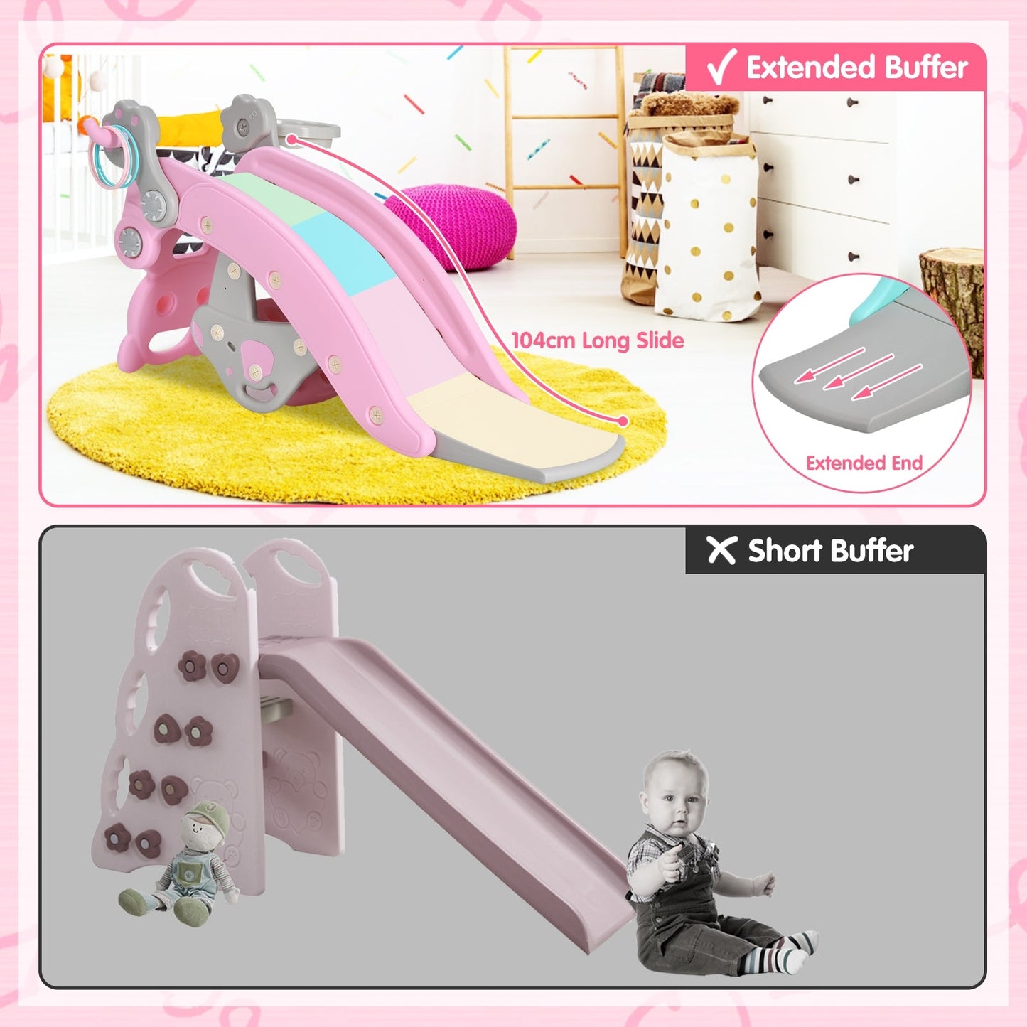 Aire de jeux 4-en-1 avec toboggan et cheval à bascule pour tout-petits - Rose