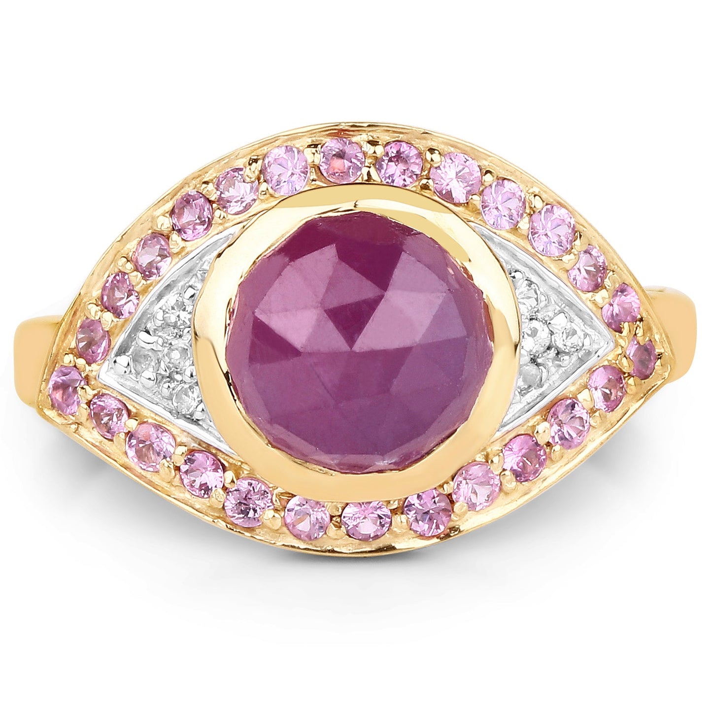 Anillo de Zafiro Rosa y Topacio Blanco Bañado en Oro Amarillo de 14K