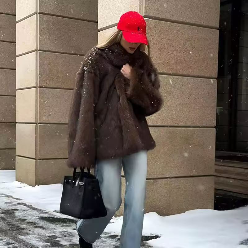 Manteau mi-long en fausse fourrure de renard pour femmes avec col style blazer