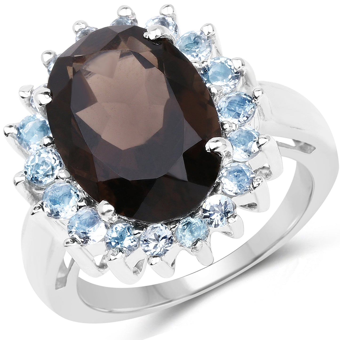 Anillo de Plata Esterlina con Cuarzo Ahumado de 6.79 Quilates y Topacio Azul