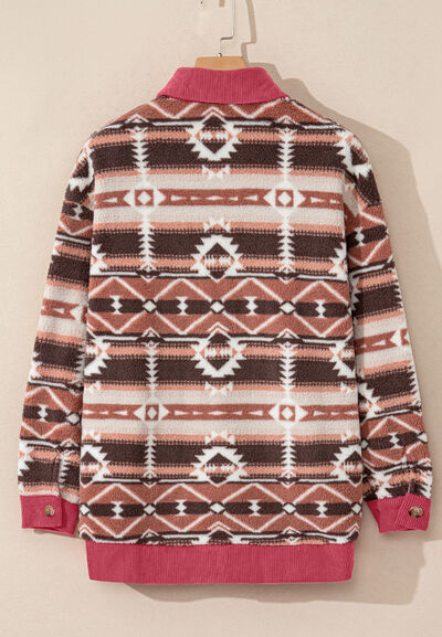 Retro Geometric Print Corduroy Trim Button-Up Jacket