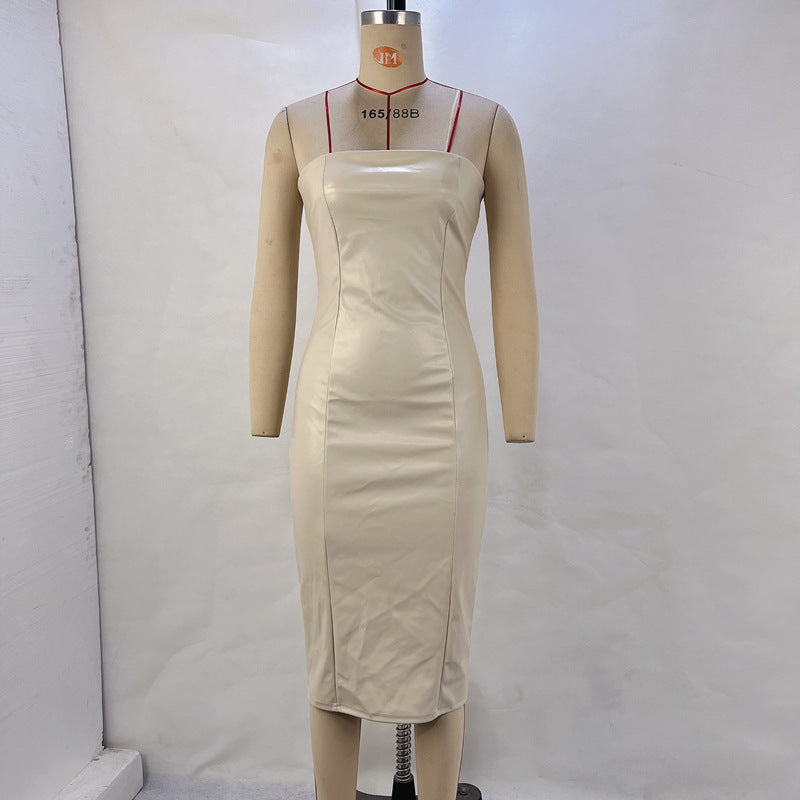 Women's Solid Color PU Leather Sexy Strapless Waist-Cinching Bodycon Dress - Korvel