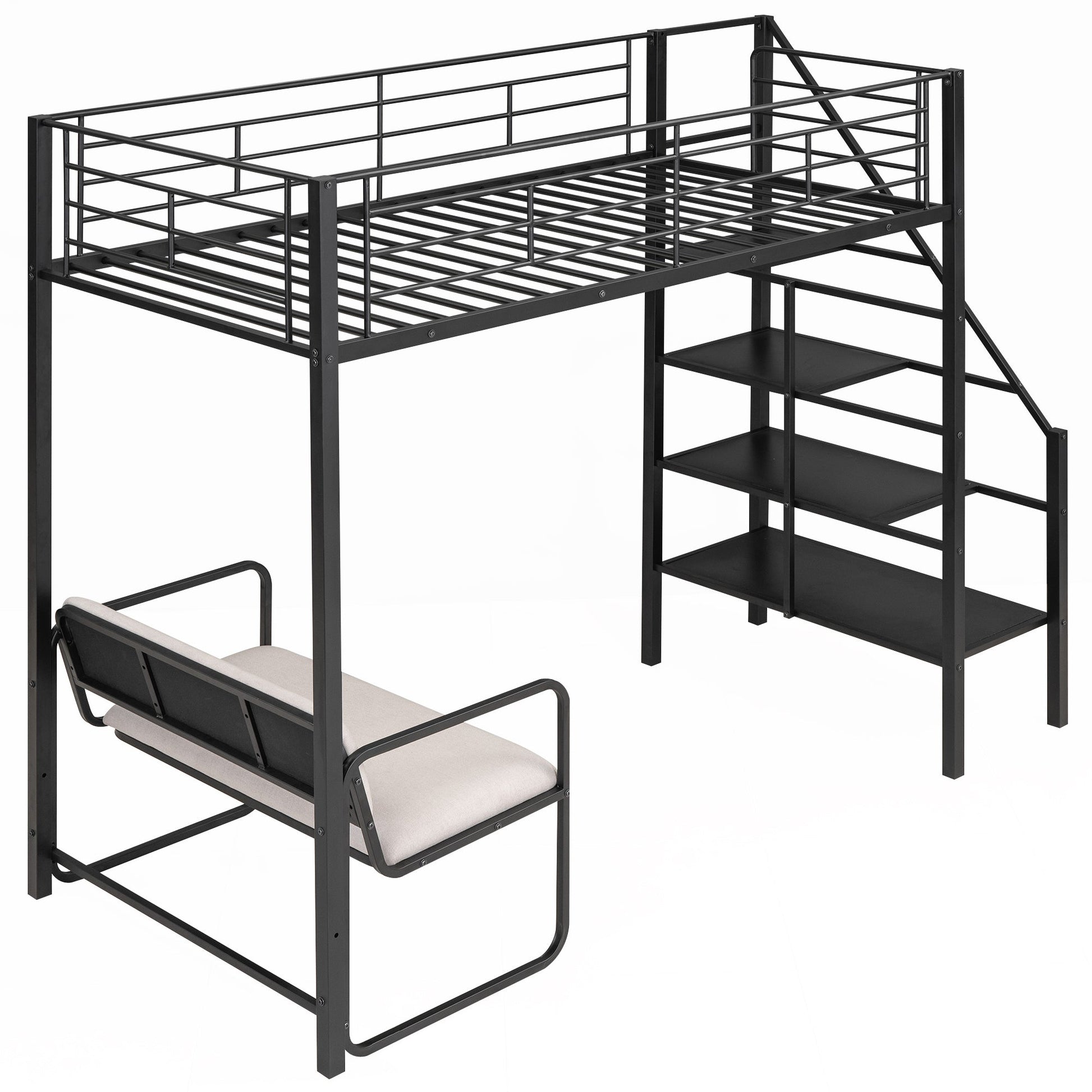Twin Size Metal Loft Bed with Bench and Storage Staircase  Black - Korvel