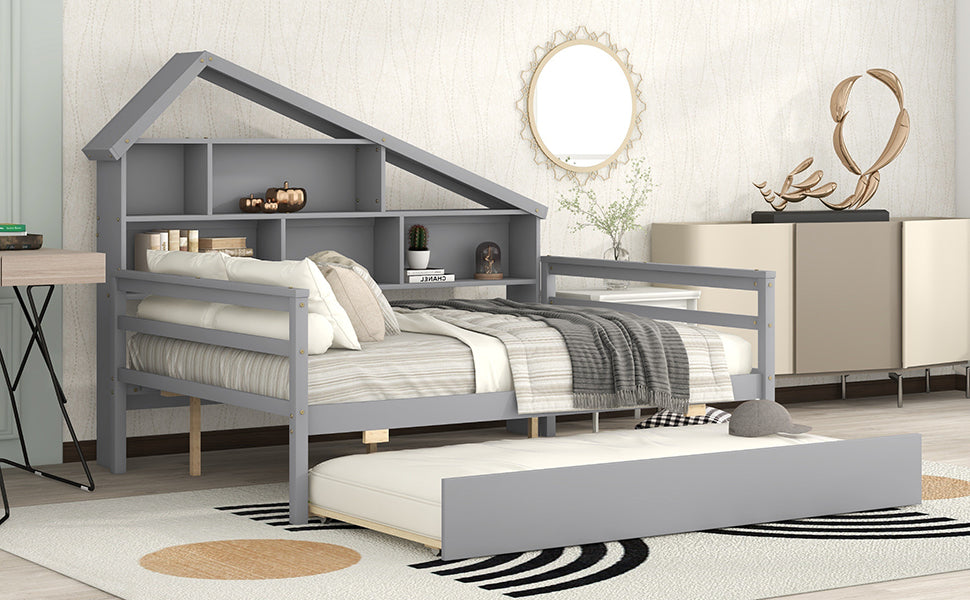 Full Size Platform Bed with Trundle and Shelves Gray - Korvel