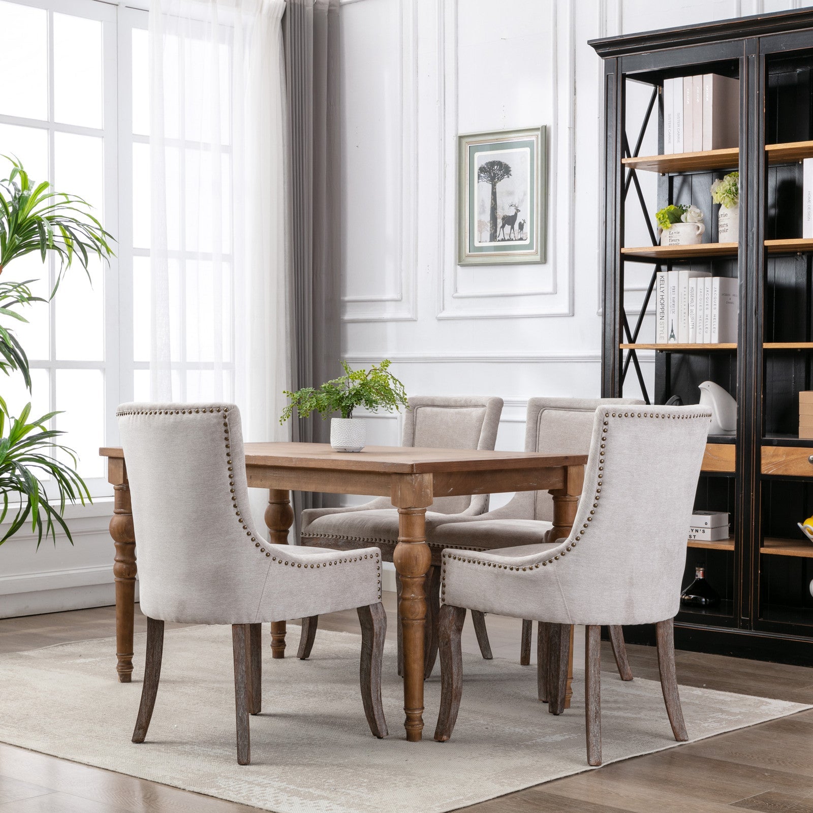 Ultra Side Dining Chair Thickened fabric chairs with neutrally toned solid wood legs  Bronze nail head Set of 2 Beige - Korvel