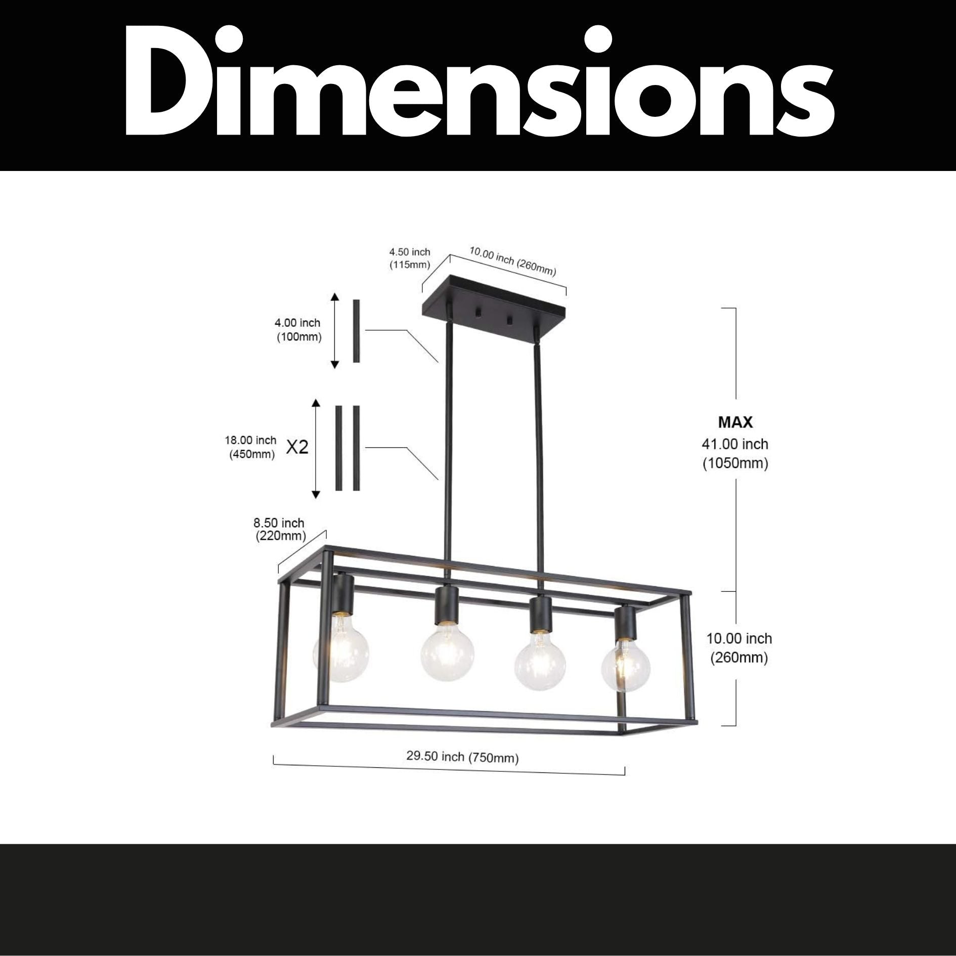 Pendant Lighting 4 Light Industrial Vintage Open Frame Rectangle Chandeliers Modern Black Linear Cage Ceiling Light Fixture - Korvel