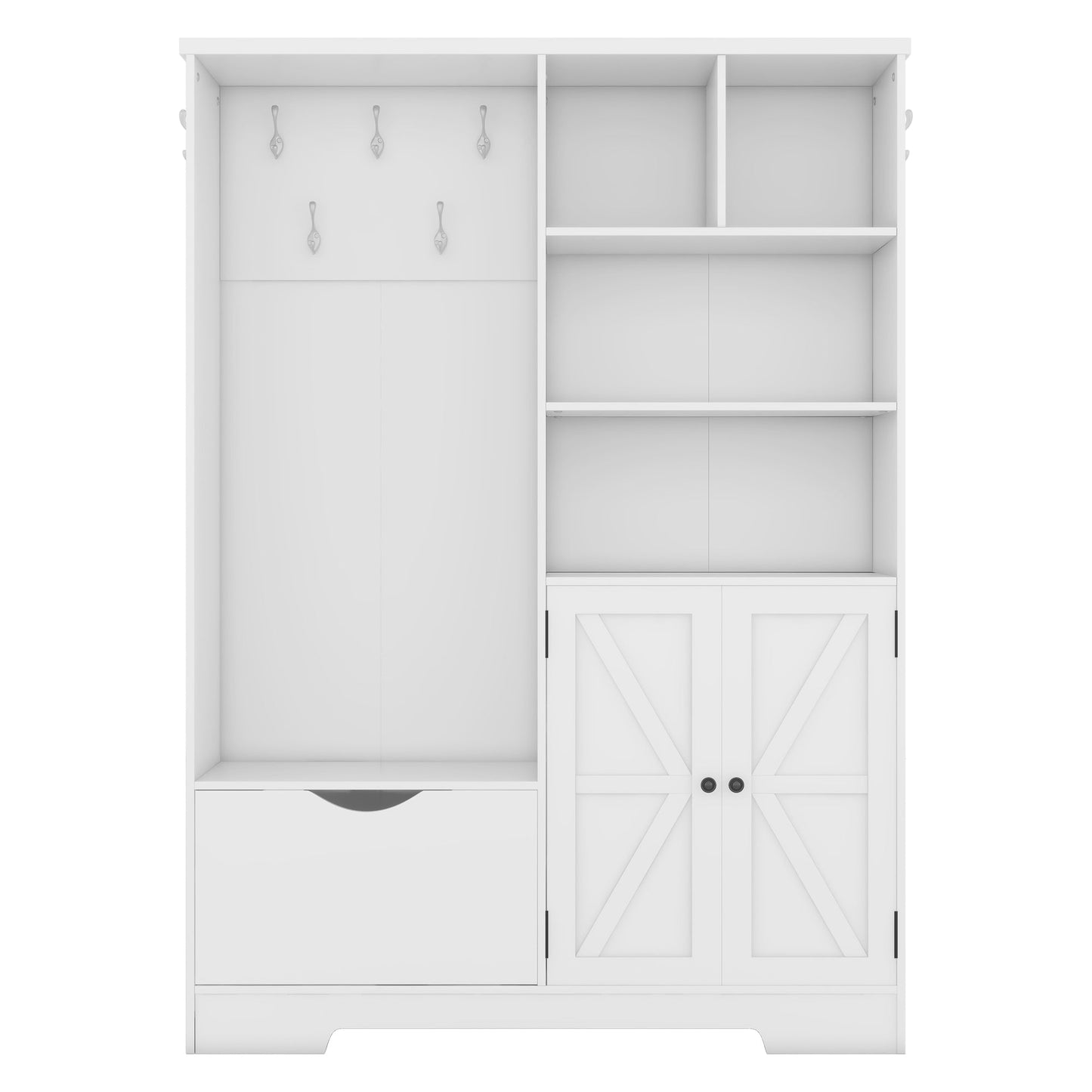 Multi-functional Hall Tree with Storage Shelves Drawers Cabinet Elegant Hallway Shoe Cabinet with Bench Modern Coat Rack White - Korvel