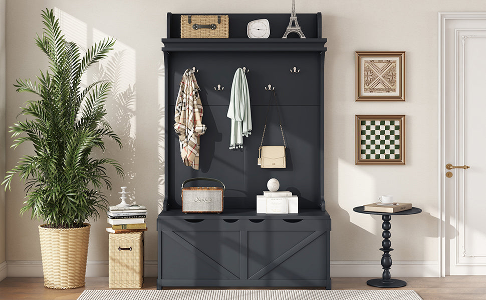 Hall tree with storage desk, entrance desk with drawers and 5 hooks, display rack, dark blue - Korvel