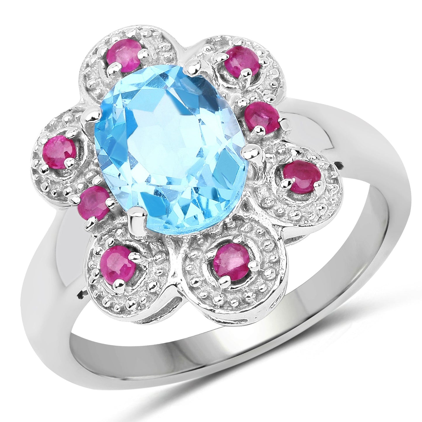 2.28 Carat Swiss Blue Topaz & Ruby Sterling Silver Ring