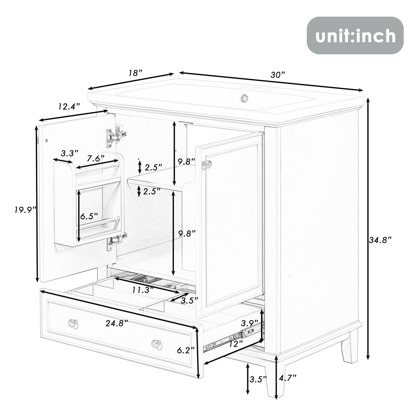 30inchgrey Bathroom Vanity with Sink ComboMulti-functional Bathroom Cabinet with Doors and Drawer Solid Frame and MDF Board - Korvel