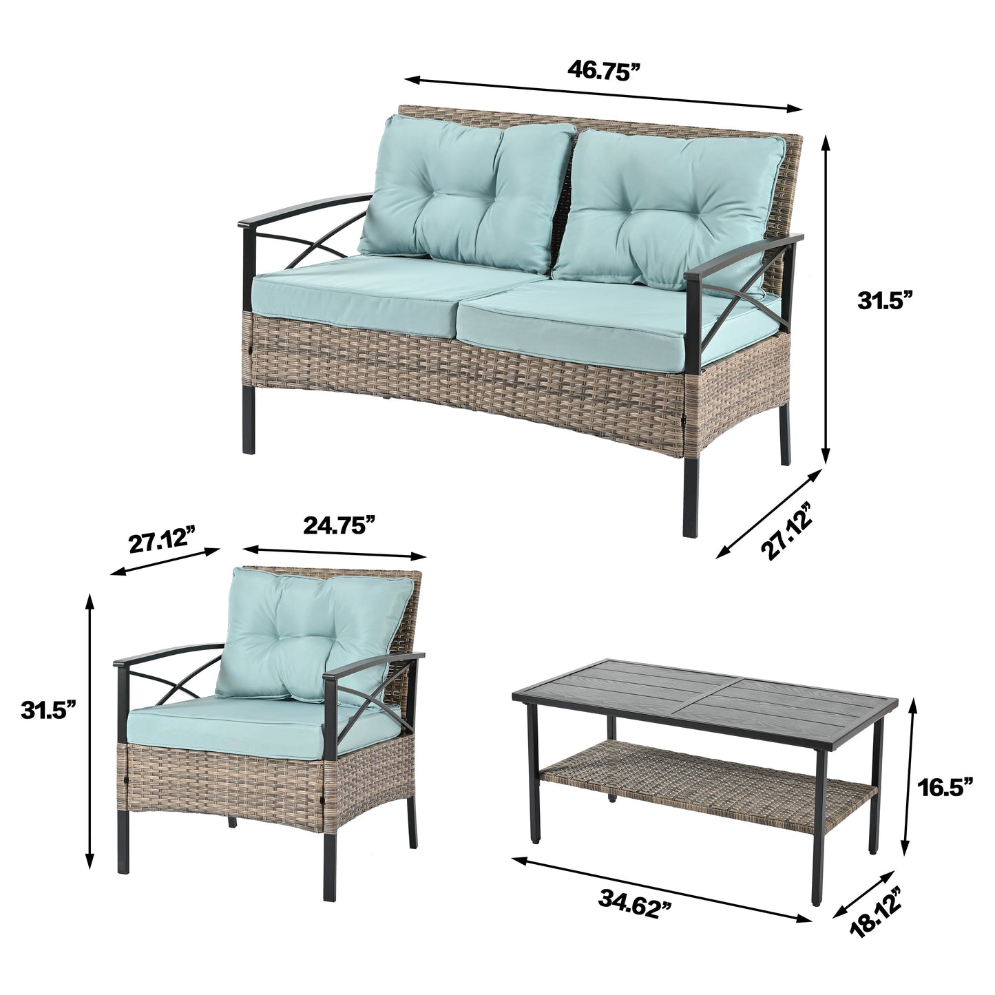 Conjunto de Muebles de Wicker para Exterior Premium con Mesa de Metal Negra