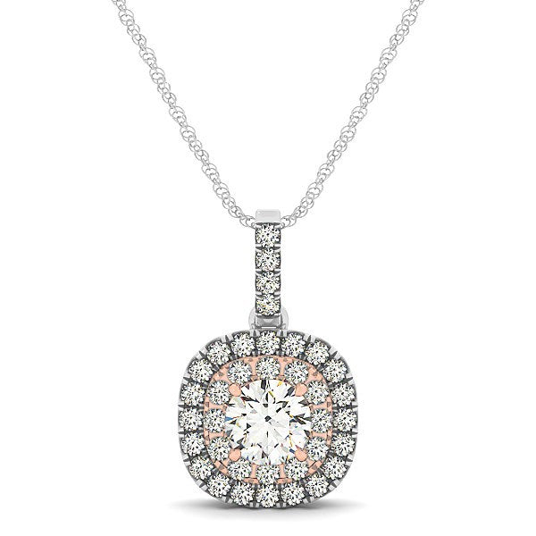 14k White and Rose Gold Cushion Shape Halo Diamond Pendant
