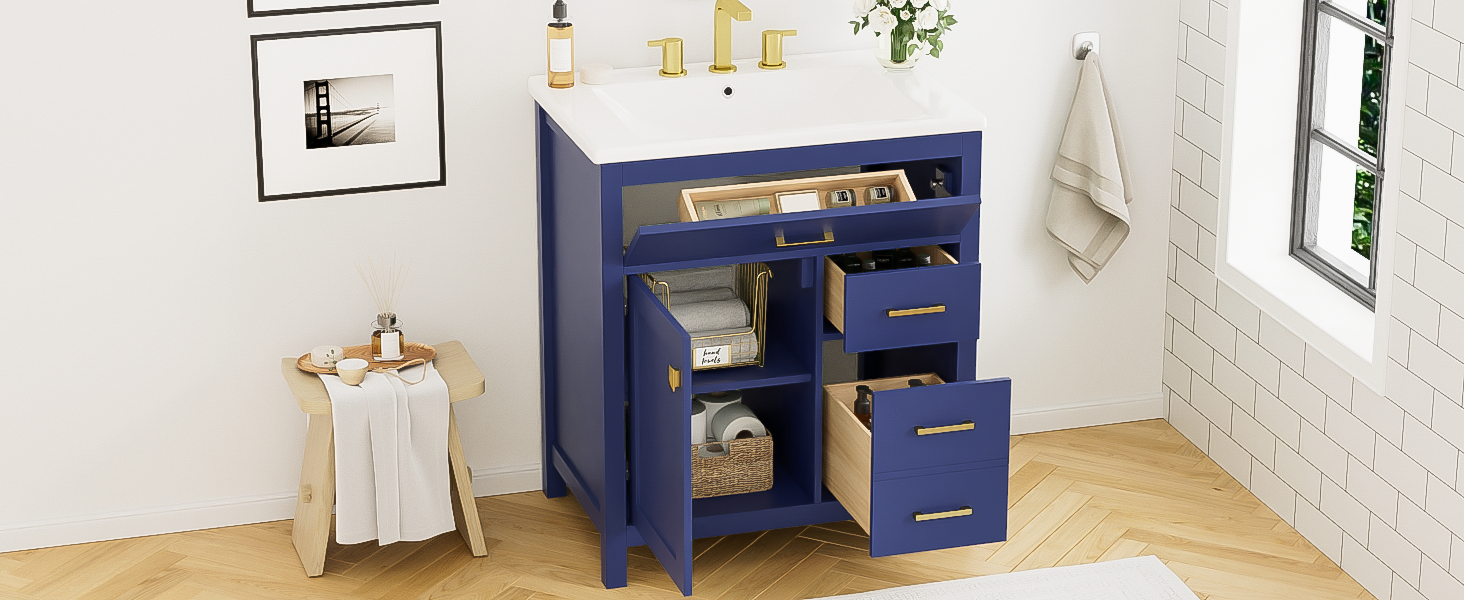 30-Inch Blue Bathroom Vanity with Ceramic Sink and Ample Storage - Ideal Choice for Small Bathrooms - Korvel