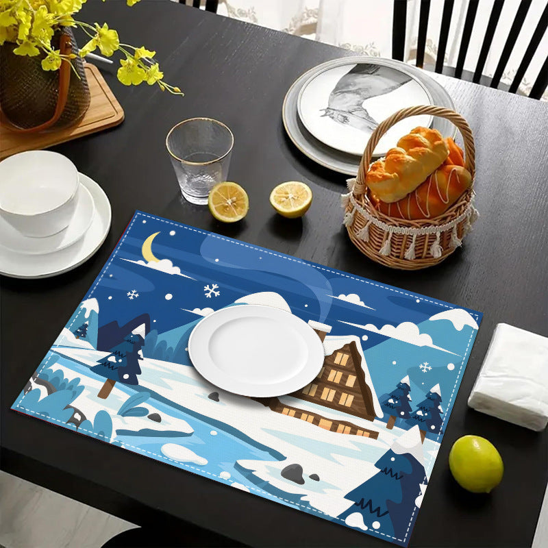 Christmas placemat white hemp Christmas scenery print home table mat living room dining table coaster - Korvel
