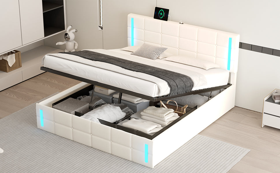 Queen Size Upholstered Bed with LED Lights Hydraulic Storage System and USB Charging Station White - Korvel