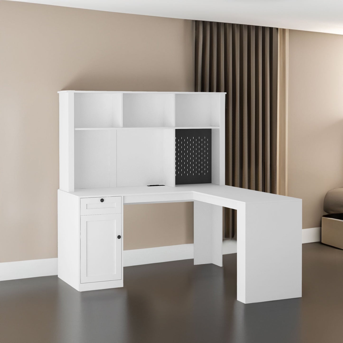 Corner gaming computer desk with socket, drawers, bookshelf and writing desk, modern L-shaped learning desk with storage space - Korvel