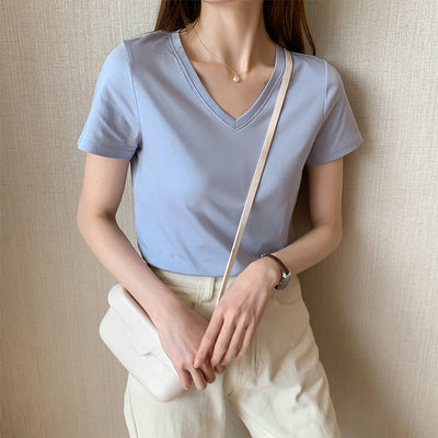 Camiseta de Algodón Puro para Mujer de Corte Suelto con Cuello Redondo y Cuello en V