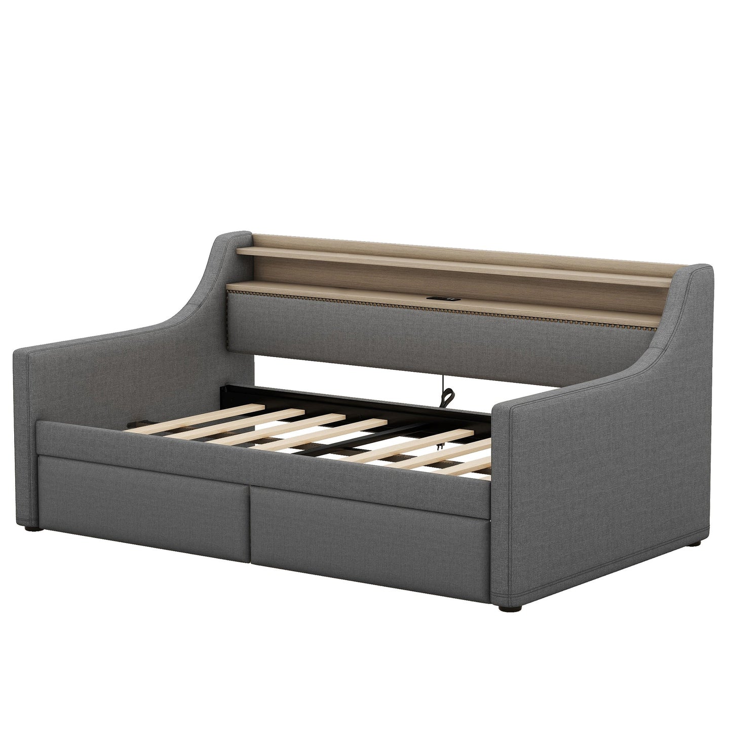 Lit jumeau rembourré avec rangement et lumières LED