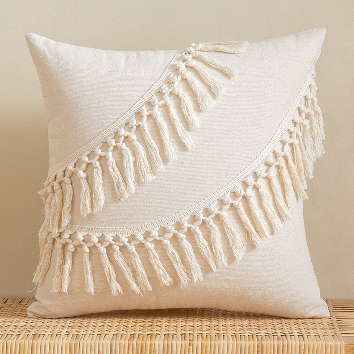 Tassels Cushion Cover 45x45cm Beige White Pillow Covers Decorative Pillow Case Square Home Boho Decor Macrame Pillowcase - Korvel