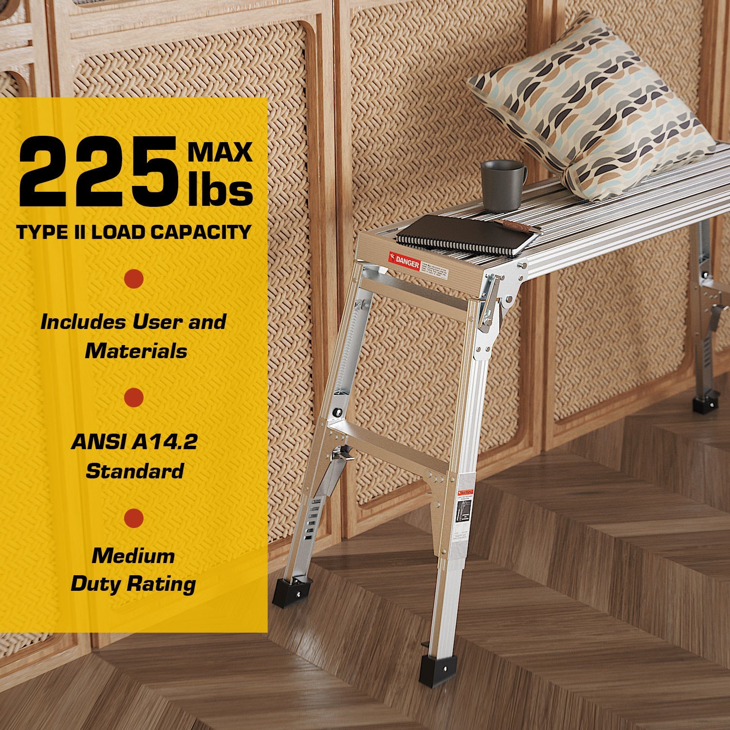 Aluminum Work Platform Large Size Step Stool Folding Portable Work Bench 40" Width Telescopic Feet 22" -27.5" Height Adjustable - Korvel