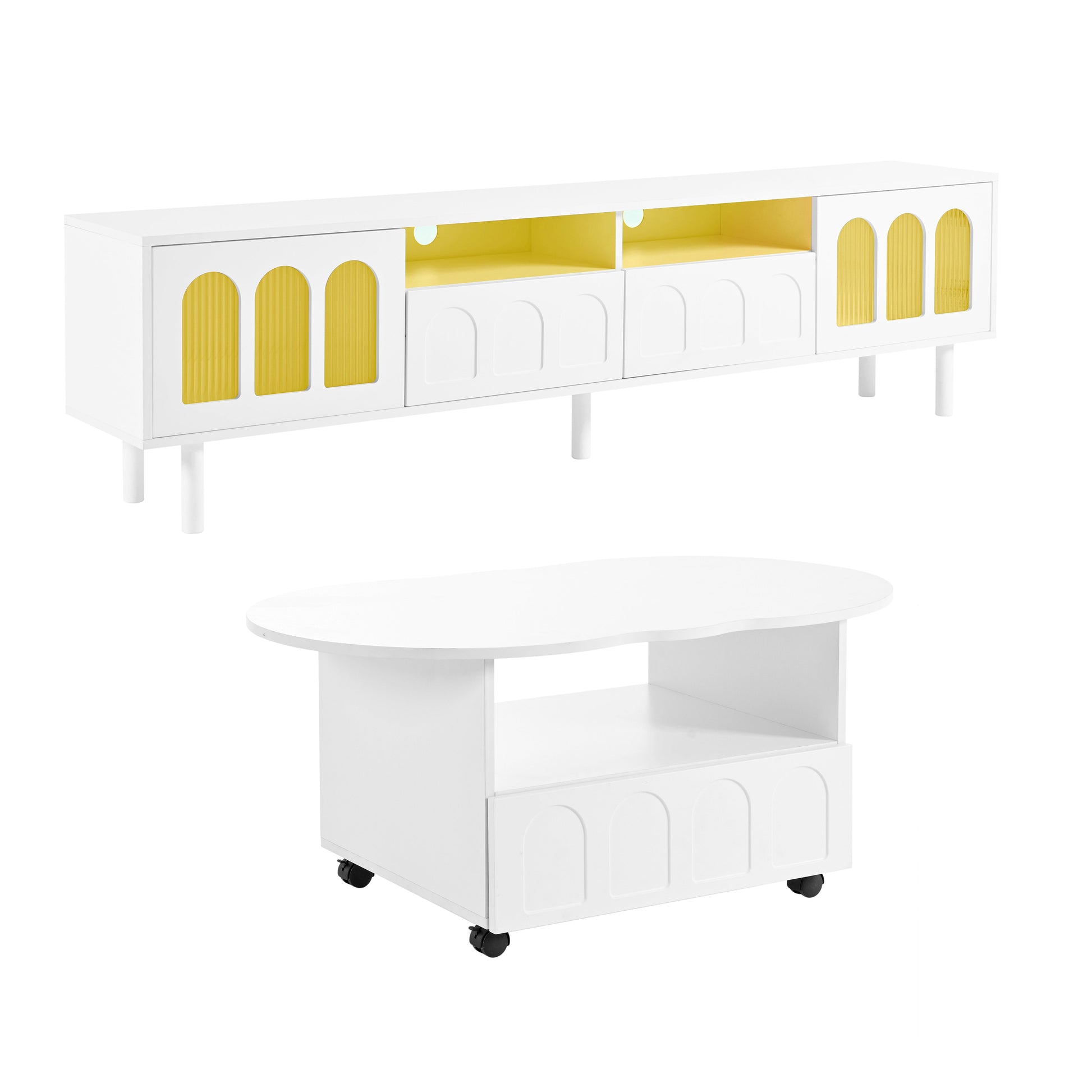 Two sets of ON-TRANS cream style TV stands and coffee tables, suitable for TVs under 80 inches, white - Korvel