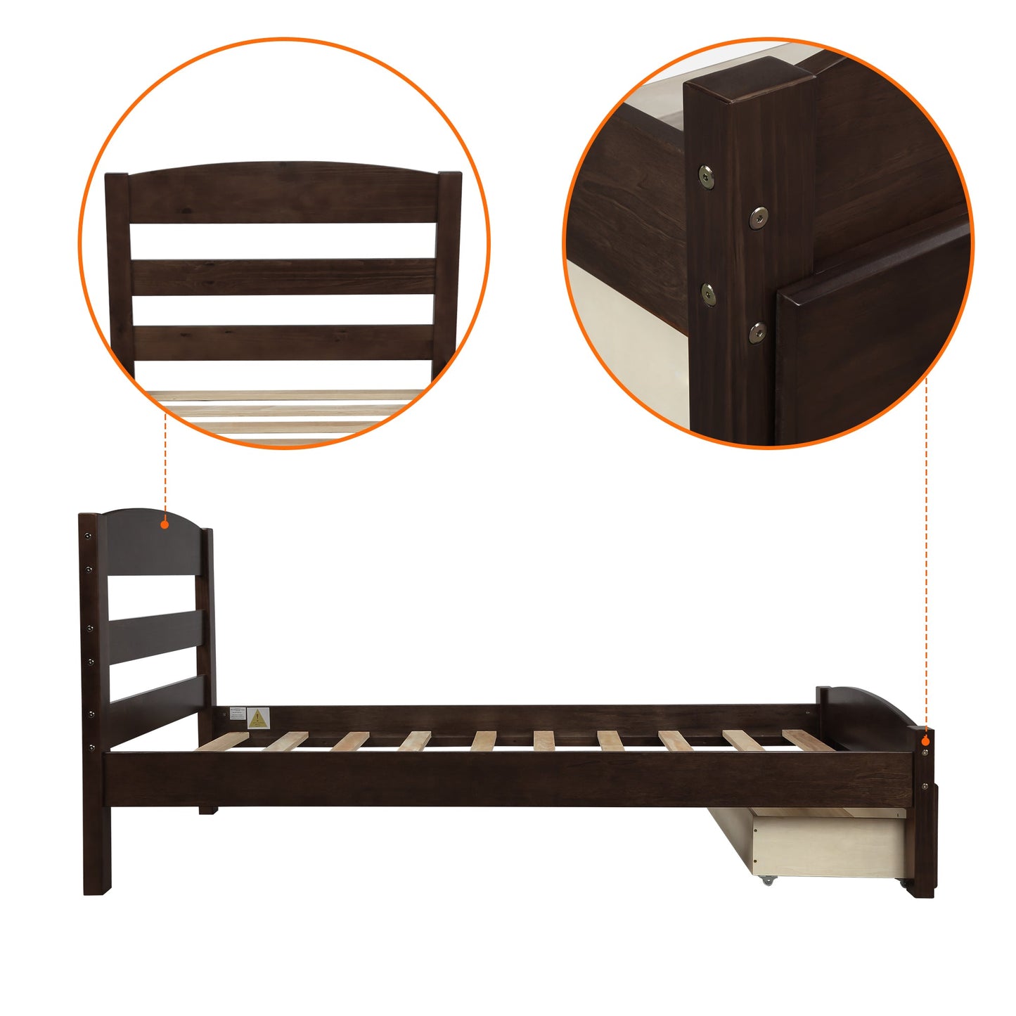 Marco de Cama Plataforma Twin Espresso con Cajón de Almacenamiento
