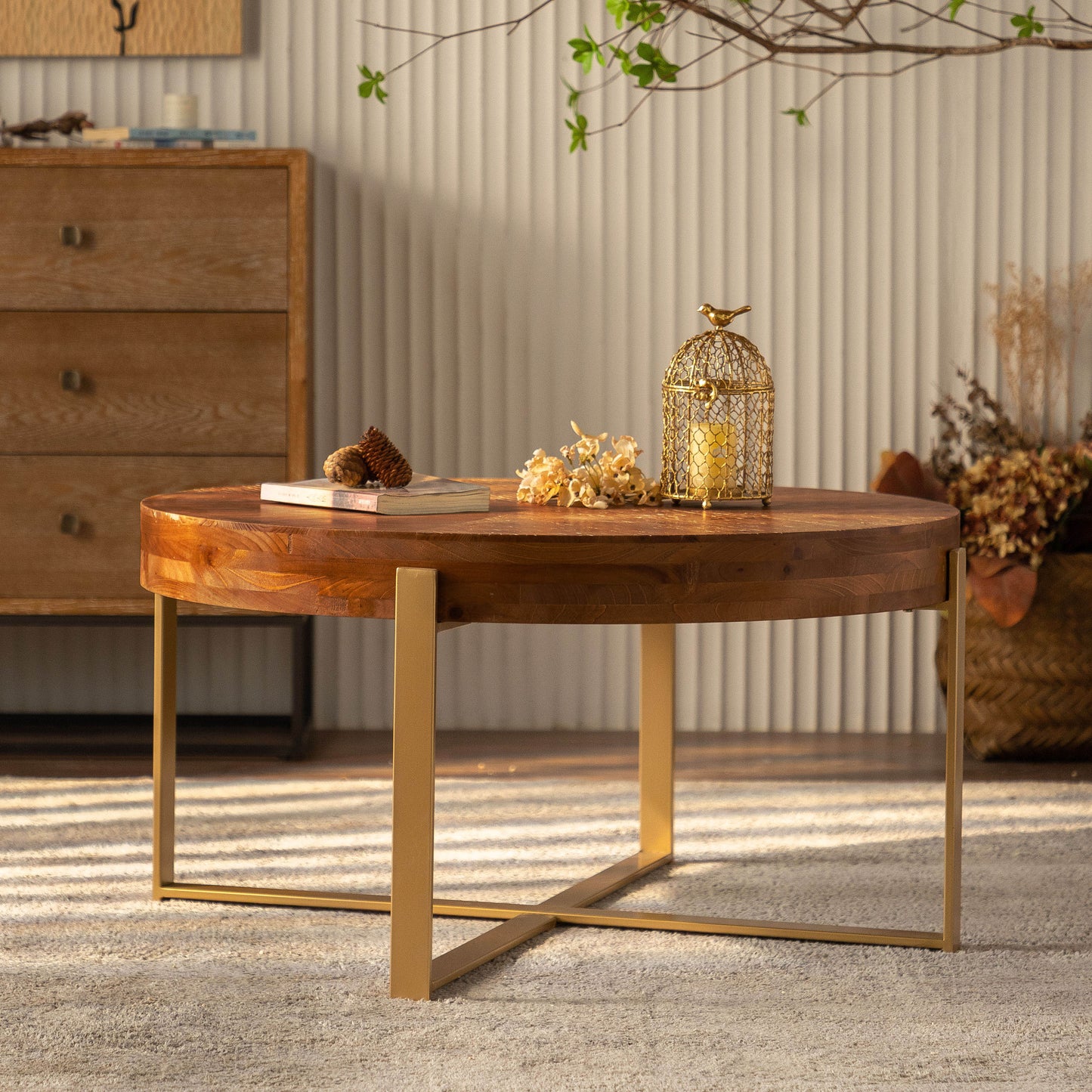33.86"Modern Retro Splicing Round Coffee Table Fir Wood Table Top with Gold Cross Legs Base(Same SKU:W757126236) - Korvel