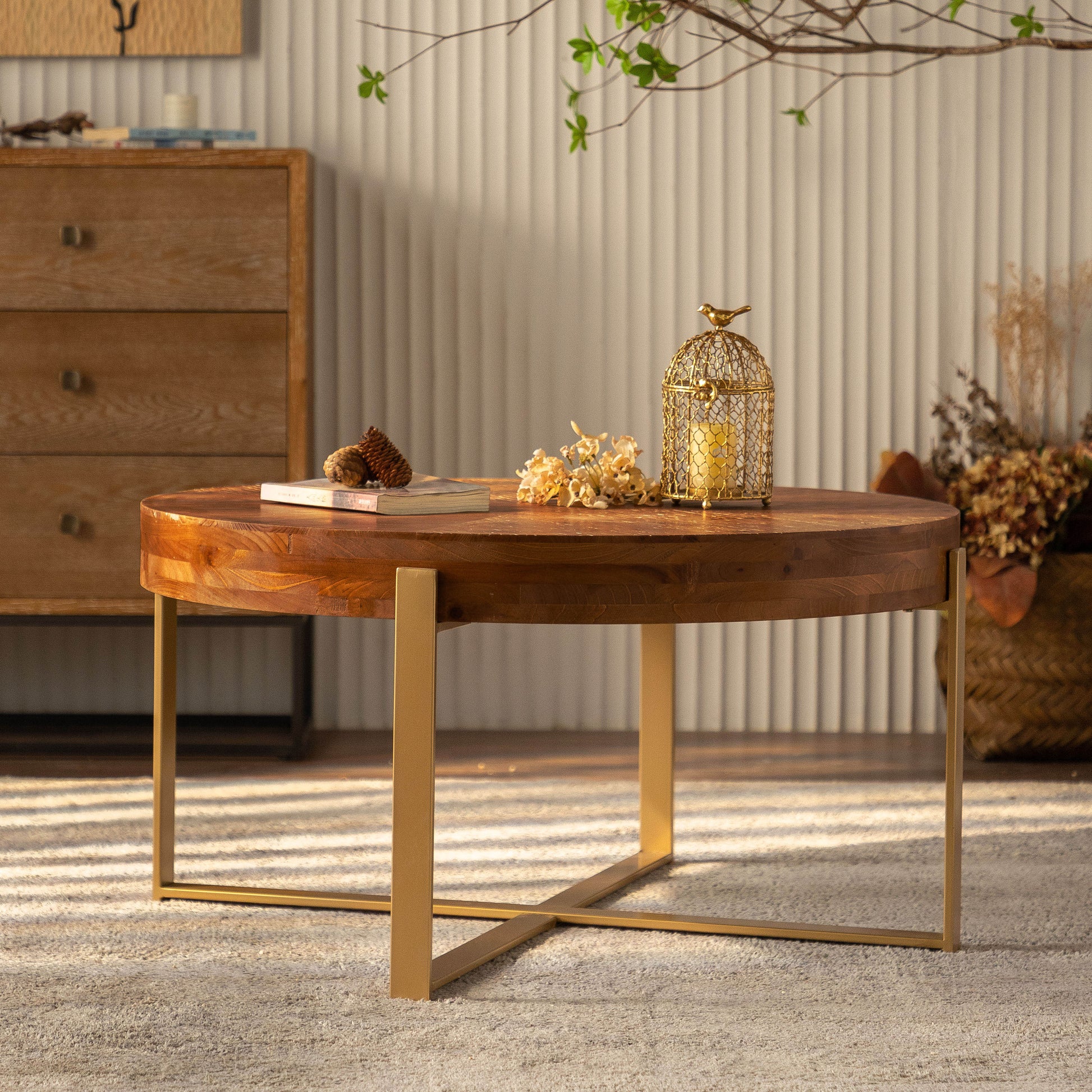 33.86"Modern Retro Splicing Round Coffee Table Fir Wood Table Top with Gold Cross Legs Base(Same SKU:W757126236) - Korvel