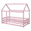 Twin Size Floor Wooden Bed with House Roof Frame, Fence Guardrails,Pink - Korvel