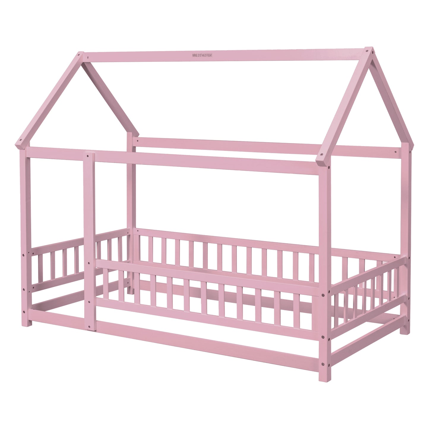 Twin Size Floor Wooden Bed with House Roof Frame, Fence Guardrails,Pink - Korvel