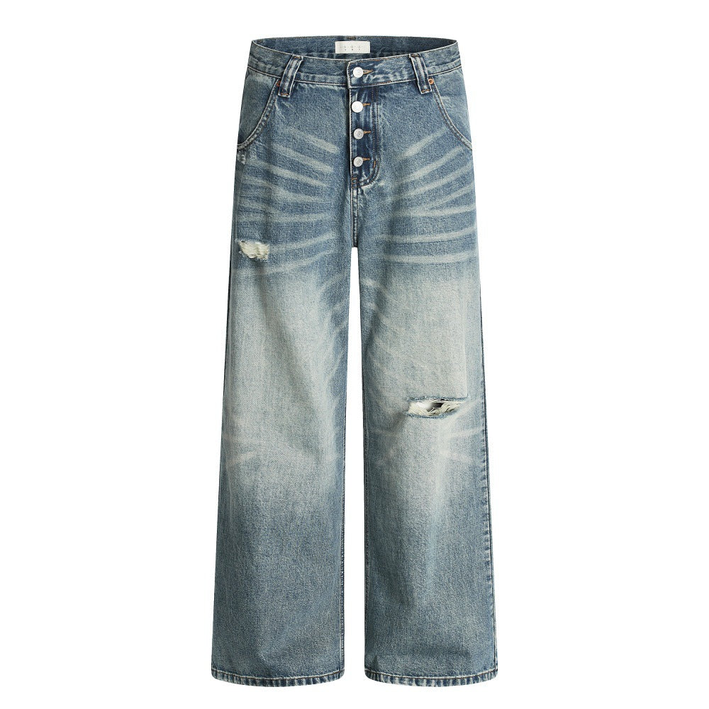 Hole-Washed Denim Long Pants Men's Loose Faded Whitewashed Wide-Leg Straight Trousers European and American Street Fashion Versatile Dad Pants - Korvel