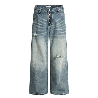 Hole-Washed Denim Long Pants Men's Loose Faded Whitewashed Wide-Leg Straight Trousers European and American Street Fashion Versatile Dad Pants - Korvel
