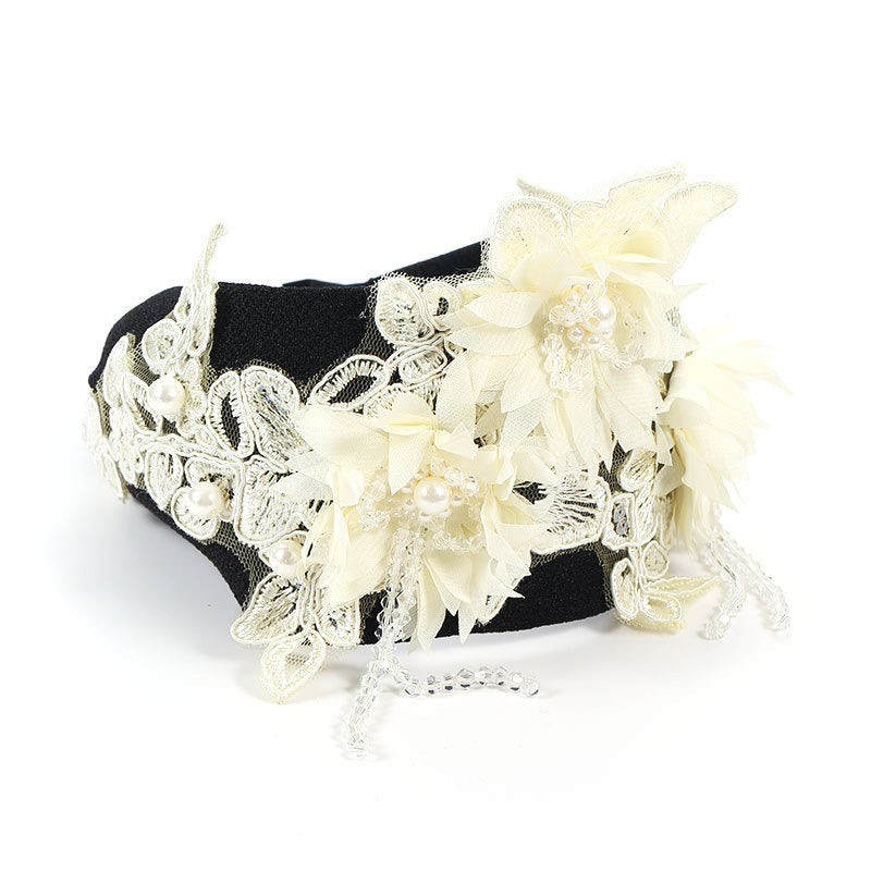 Hand embroidered three-dimensional simulation crystal flower headband pearl headband - Korvel