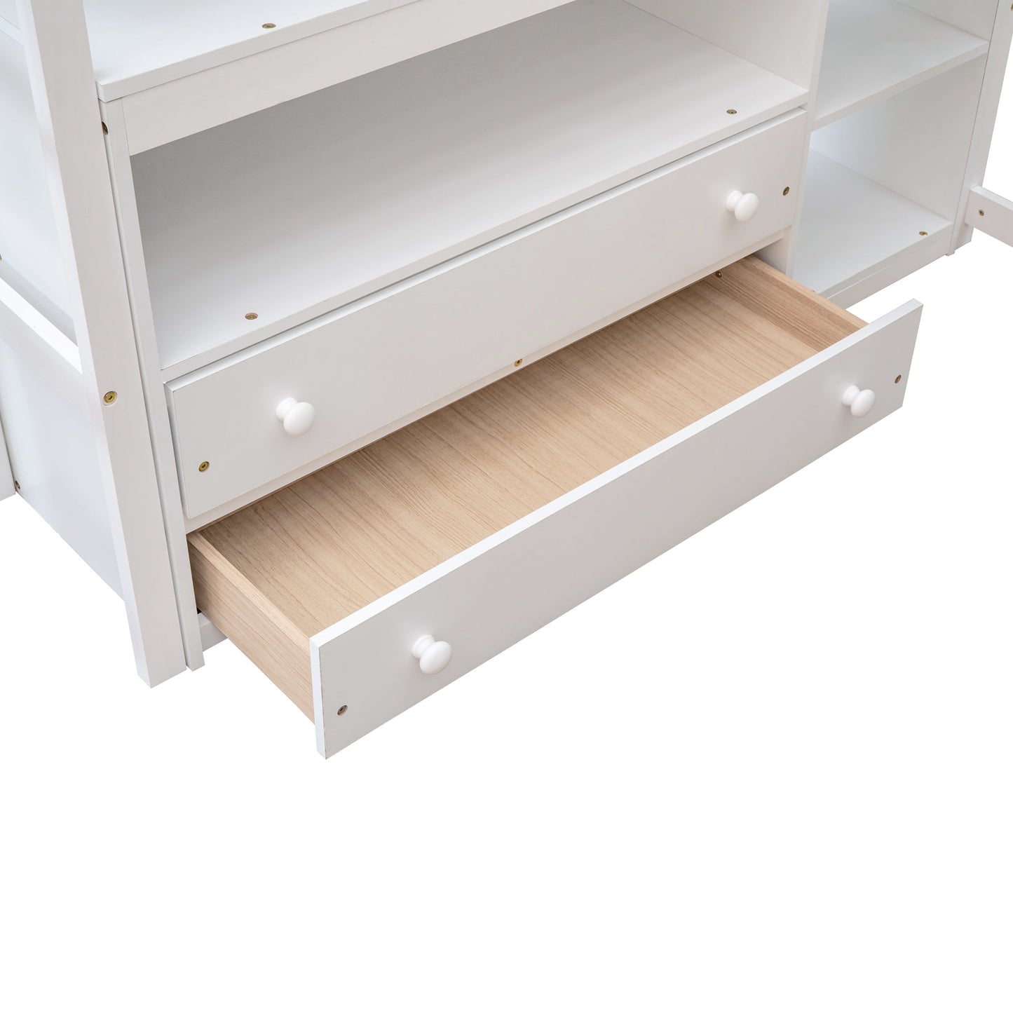 Cama loft de tamaño completo con escritorio y estantes, dos cajones incorporados