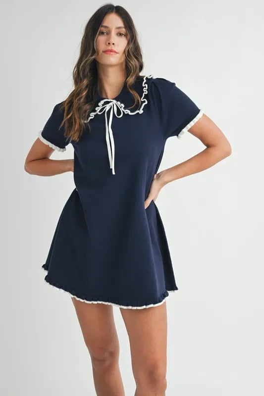 Ruffle Trimmed Collar Fine Knit Mini Dress for Women