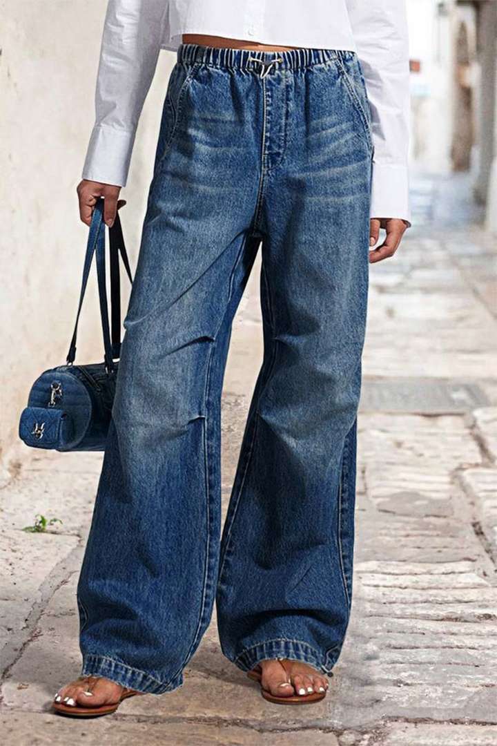 Jeans larges plissés taille mi-haute pour femmes