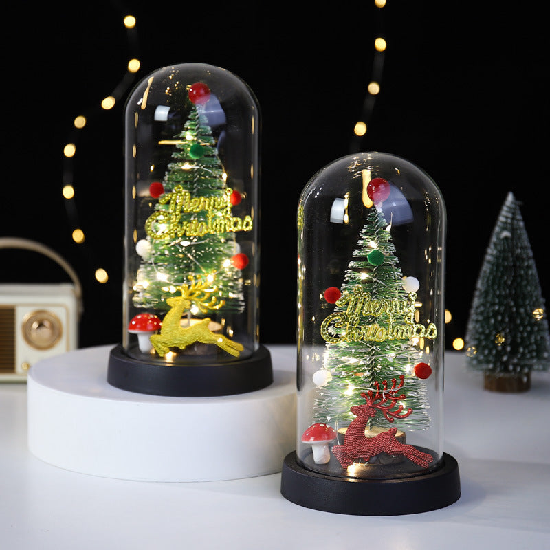 Christmas Gift LED Light Illumination Decorative Ornament Mini Christmas Tree Deer Glass Cover - Korvel