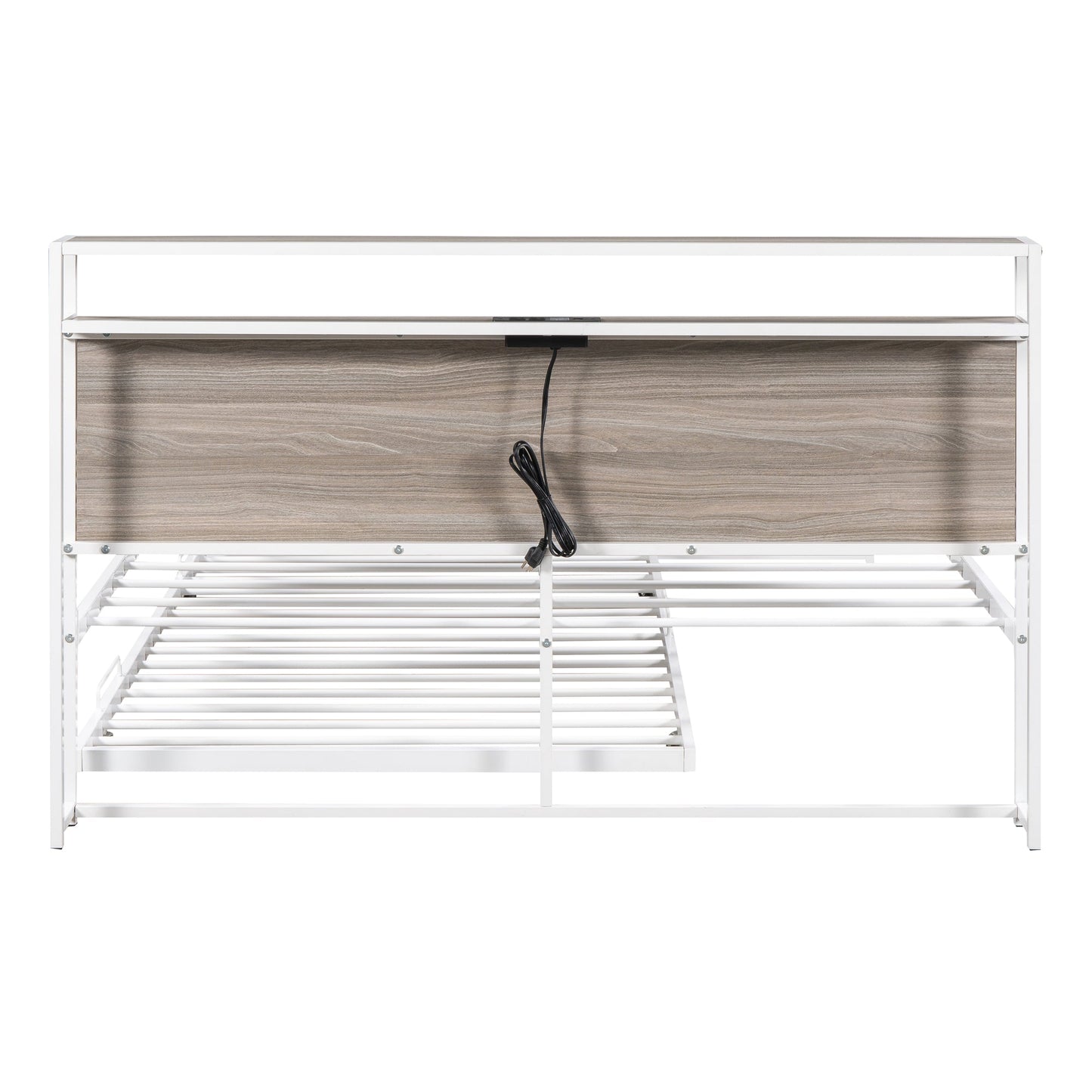 Queen Size Metal Platform Bed Frame with Trundle, USB Ports and Slat Support ,No Box Spring Needed White - Korvel