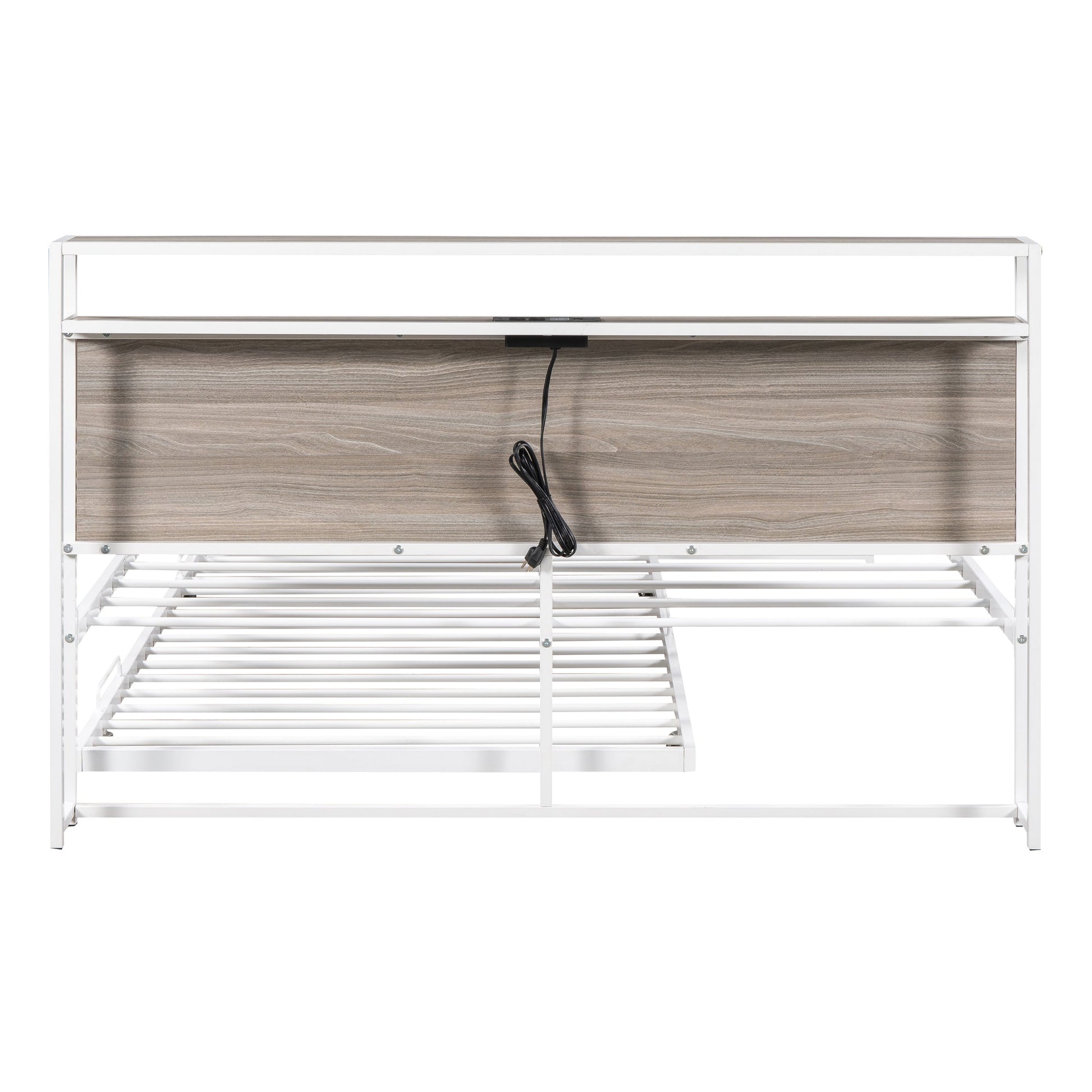 Queen Size Metal Platform Bed Frame with Trundle, USB Ports and Slat Support ,No Box Spring Needed White - Korvel